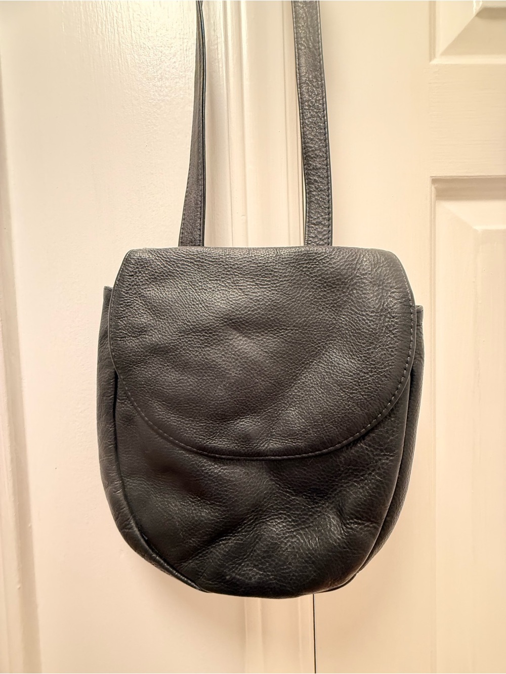 “Vintage Black Pebbled Leather Double Flap Saddle Crossbody Bag